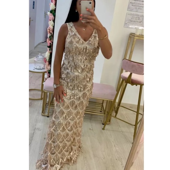 Gold Tassel Sequin Sleeveless Beaded Evening Gown - Picture 9 of 9